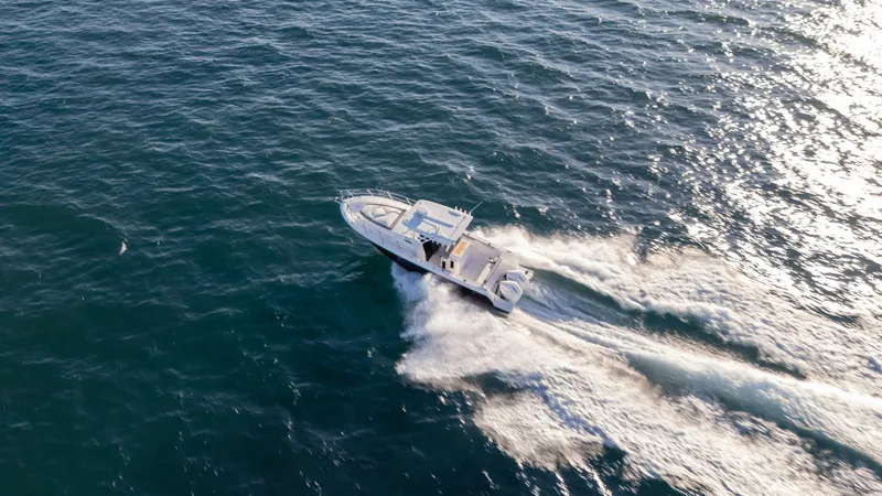 Slide: The Image of Aerial view of 2025 SeaWell 290XL boat cruising on open water. - 25