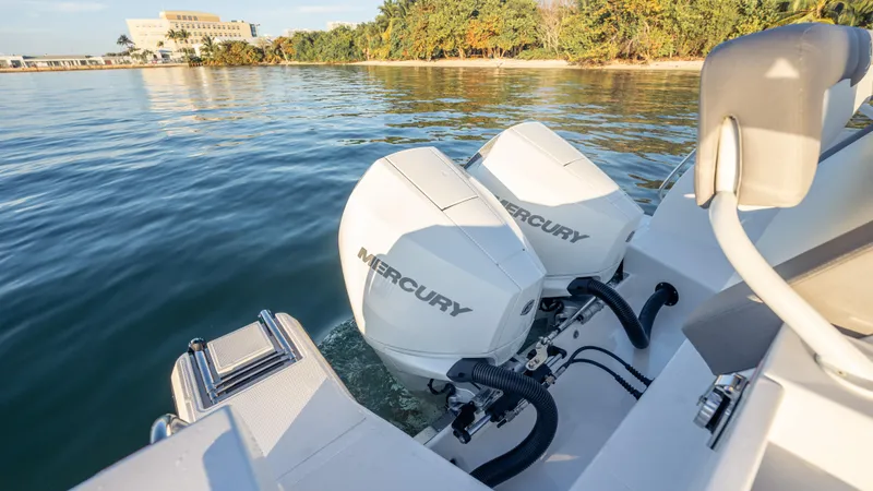 Slide: The Image of 2025 SeaWell 290XL boat with dual Mercury outboard engines on a calm tropical shoreline. - 35