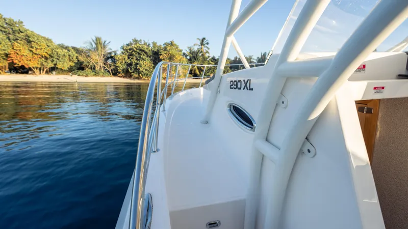 Slide: The Image of 2025 SeaWell 290XL boat docked near a tropical shoreline, showcasing sleek design. - 41