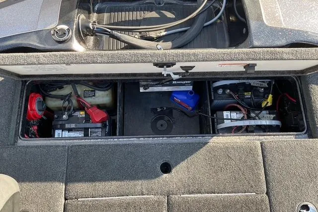 Slide: The Image of 2008 Ranger 188 VX boat battery compartment with wiring and components. - 4