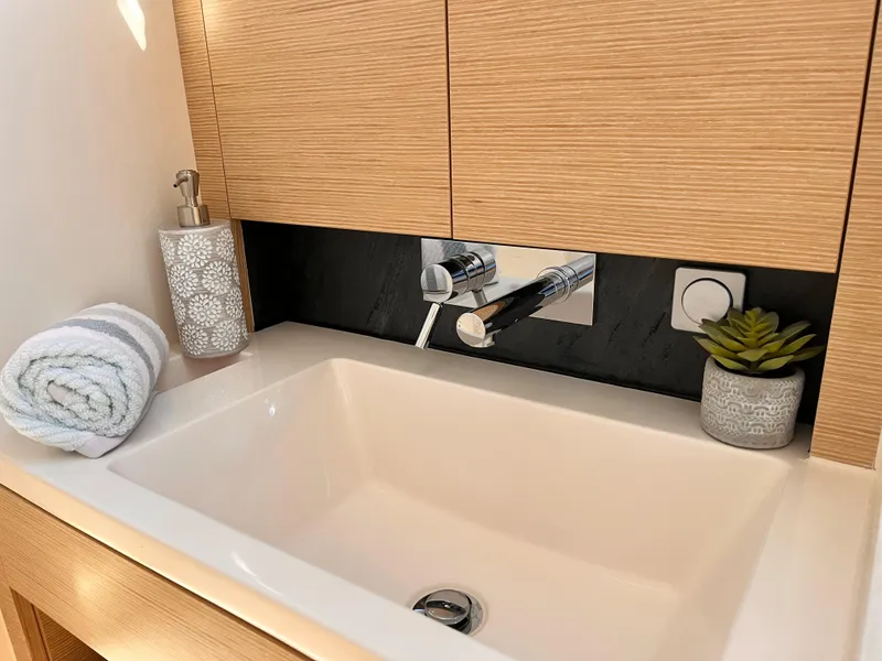 Slide: The Image of Modern bathroom sink with wooden cabinetry, rolled towel, soap dispenser, and small plant. Hanse 348, 2026. - 15