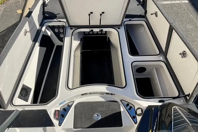 Slide: The Image of 2020 Ranger Z520L boat storage compartments open, showcasing spacious and organized interior layout. - 10