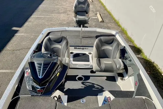 Slide: The Image of 2020 Ranger Z520L boat with dual seats and sleek design in a parking area. - 15