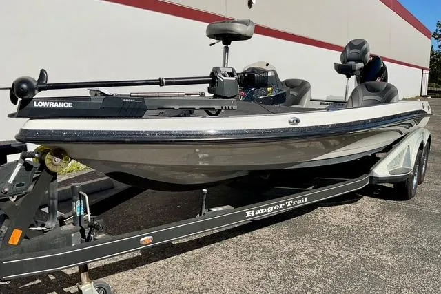 Slide: The Image of 2020 Ranger Z520L fishing boat on trailer, featuring Lowrance equipment. - 27