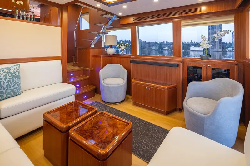 Slide: The Image of Luxurious interior of 2025 Apollonian Yachts 52 Pilothouse with elegant seating and wood finishes. - 13