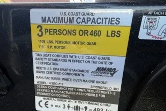 Slide: The Image of 2026 Nitro Z17 boat capacity label: 3 persons or 460 lbs, 1190 lbs total. - 7