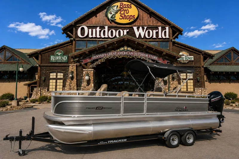 The Image of 2026 Sun Tracker Fishin' Barge 22 XP3 pontoon boat outside Bass Pro Shops Outdoor World. - 0