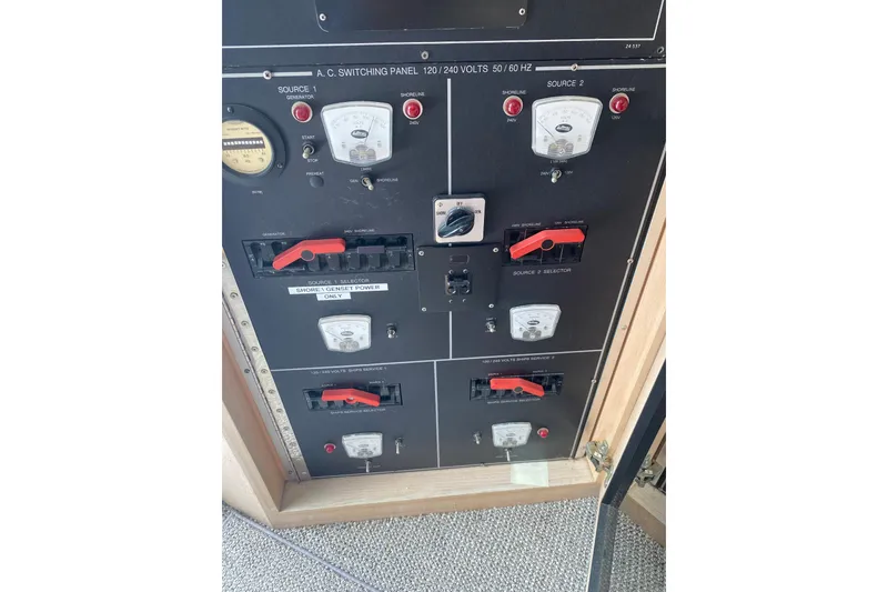 Slide: The Image of Electrical panel of 1995 Hatteras 50 Convertible Sportfish boat, featuring switches and gauges. - 63