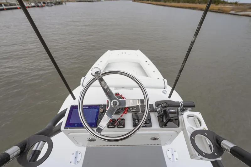 Slide: The Image of Helm of 2018 Freeman 37 VH boat with steering wheel and controls. - 6