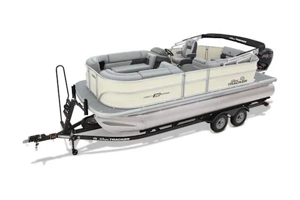 Slide: The Image of 2026 Sun Tracker Party Barge 20 DLX pontoon boat on trailer, side view. - 12