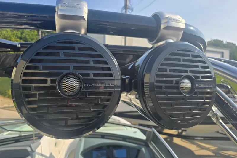 Slide: The Image of Roswell speakers on a 2019 Cobalt R5 Surf boat, mounted on a sleek frame. - 38