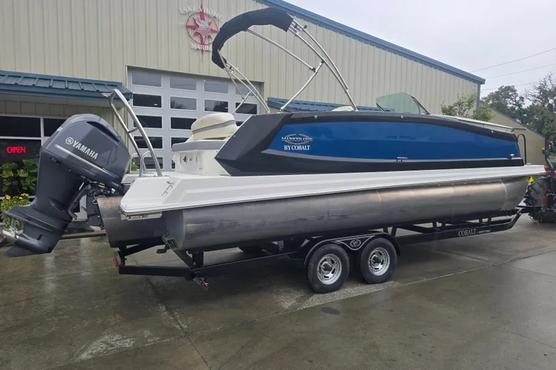 Slide: The Image of Marker One ML4 pontoon boat with Yamaha engine on trailer, 2016 model. - 6