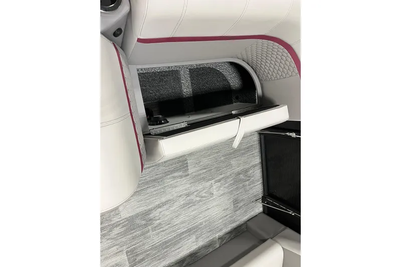 Slide: The Image of 2024 Qwest 8520 Lanai (XG02) interior storage compartment with modern design and upholstery. - 6
