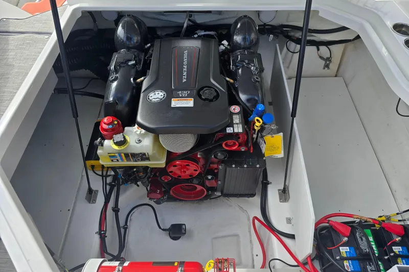 Slide: The Image of 2024 Cobalt R8 engine compartment featuring a Volvo Penta 430 V8 engine. - 17