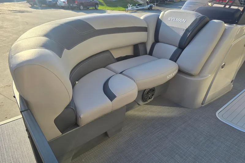 Slide: The Image of 2024 Sylvan L3 LZ boat interior with luxurious gray seating and sleek design. - 14