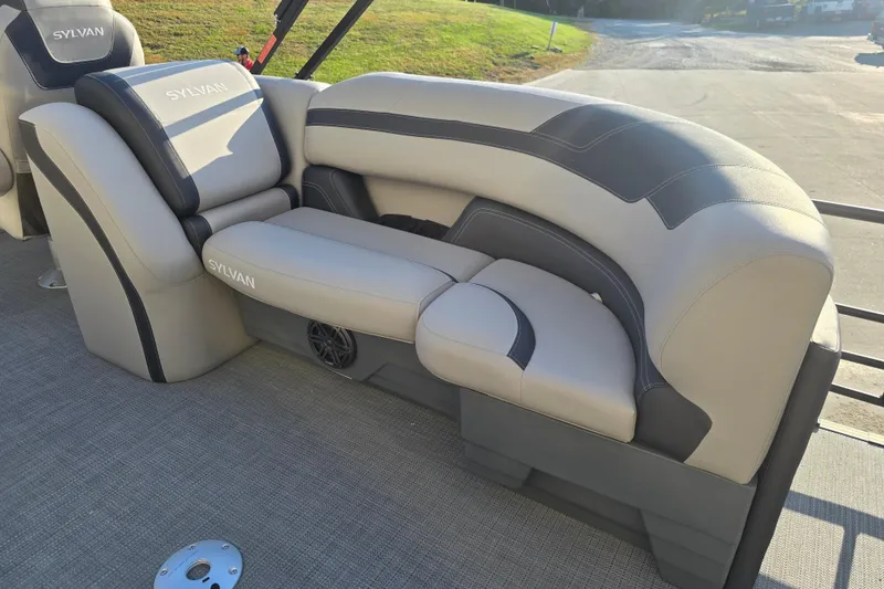 Slide: The Image of 2024 Sylvan L3 LZ boat interior with plush seating and modern design. - 23