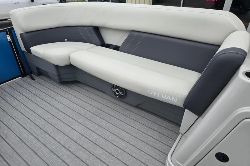 Slide: The Image of 2024 Sylvan Mirage X X5 CLZ boat interior with sleek, modern seating design. - 11