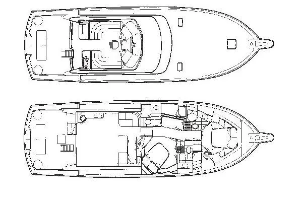 Slide: The Image of Blueprint of 1991 Hatteras 58 Convertible yacht, showcasing detailed deck and cabin layout. - 55