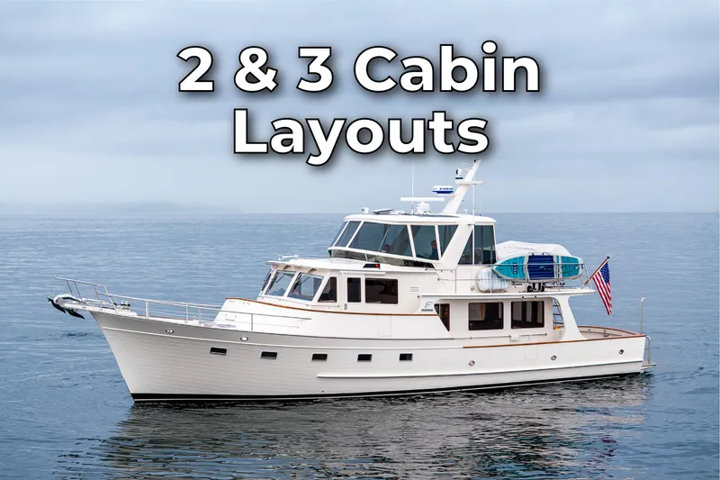The Image of Fleming 55 Pilothouse 2027 with 2 and 3 cabin layouts on calm sea. - 0