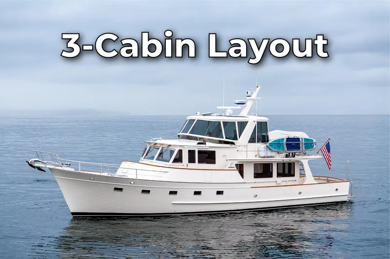Slide: The Image of Fleming 55 Pilothouse 2027 with 3-cabin layout on calm sea. - 47