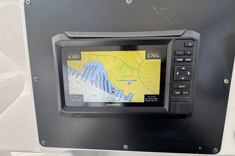 Slide: The Image of Garmin GPS display on 2008 Crownline 340 CR boat, showing navigation map and controls. - 11