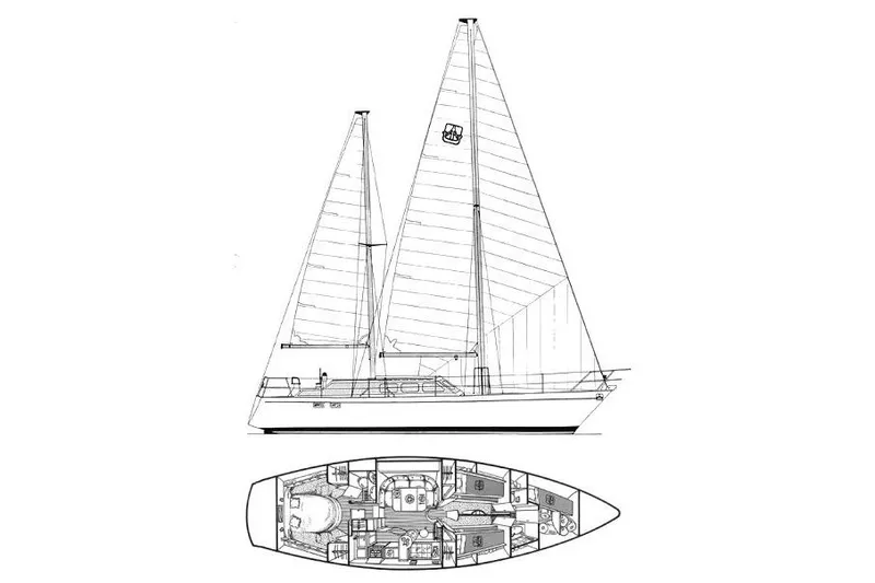 Slide: The Image of Line drawing of a 1977 Dufour CT 12000 sailboat with detailed interior layout. - 25