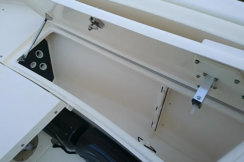 Slide: The Image of 2018 Scout 251 XSS boat storage compartment with hydraulic lift and secure latch. - 31