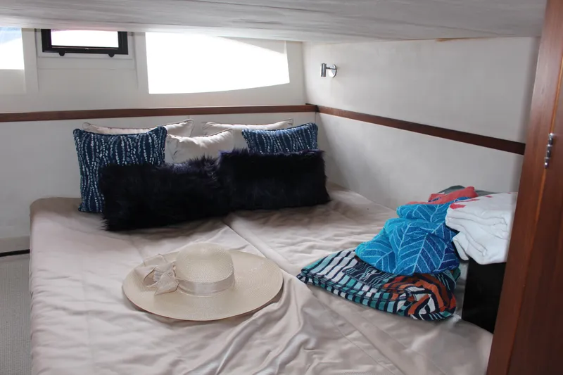 Slide: The Image of Cozy cabin interior of 2017 Galeon 385 HTS yacht with stylish bedding and decor. - 18