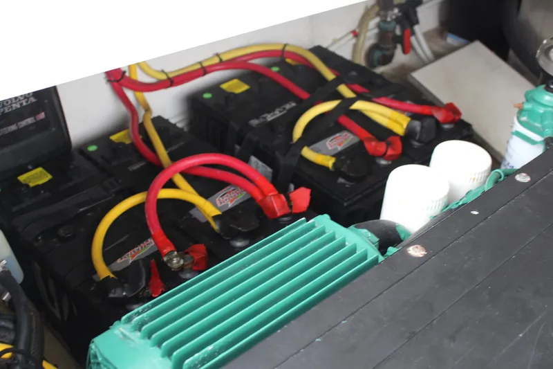 Slide: The Image of Engine compartment of 2017 Galeon 385 HTS with batteries and wiring. - 25