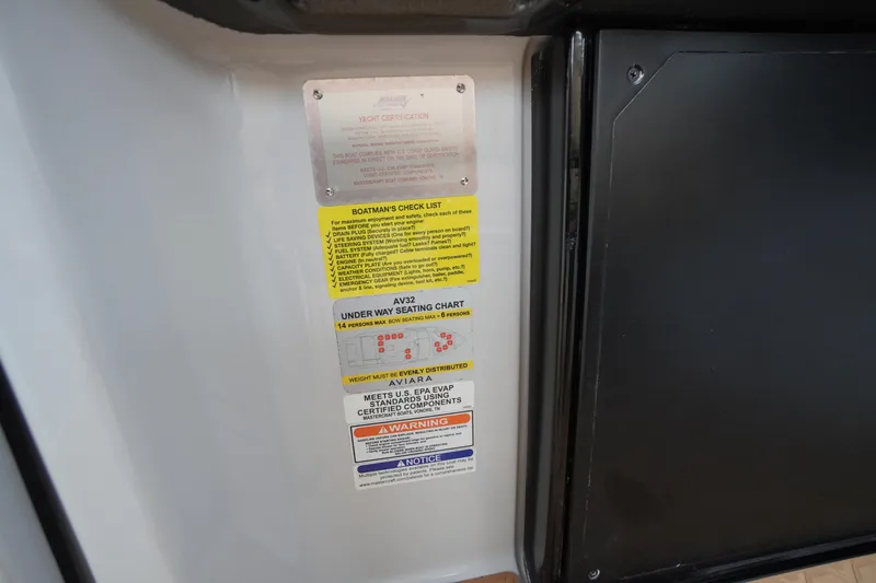 Slide: The Image of 2020 Aviara AV32 OB yacht certification and safety instructions on interior panel. - 31