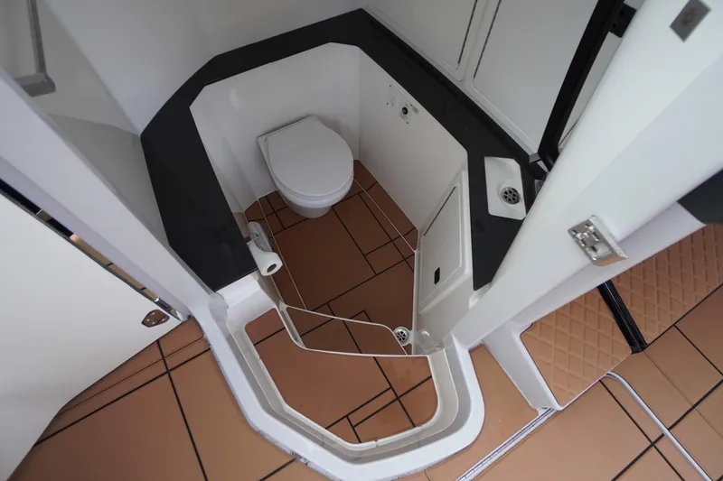 Slide: The Image of 2020 Aviara AV32 OB boat bathroom with modern fixtures and compact design. - 33