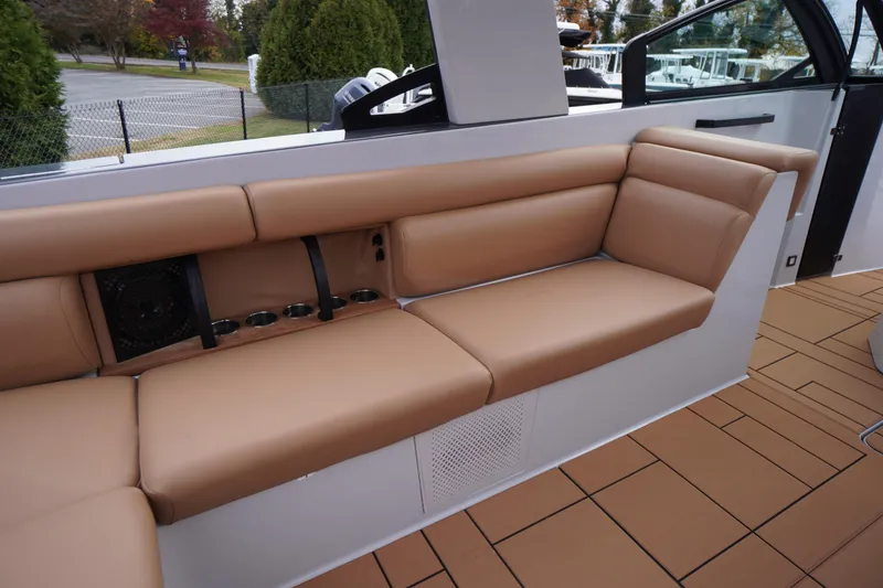 Slide: The Image of Luxurious tan seating on 2020 Aviara AV32 OB boat deck. - 50