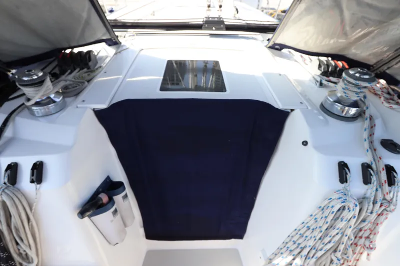 Slide: The Image of Cockpit of 2011 Catalina 355 sailboat with winches and ropes. - 25