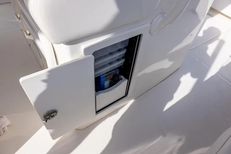 Slide: The Image of 2021 Regulator 31 boat storage compartment with open door and organized interior. - 31