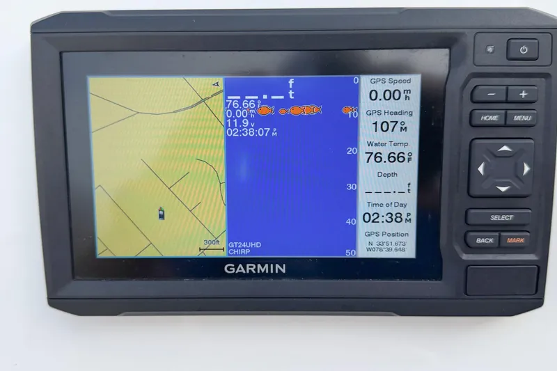 Slide: The Image of Garmin GPS display on 2021 Key West 189 FS boat showing navigation and fish finder data. - 8