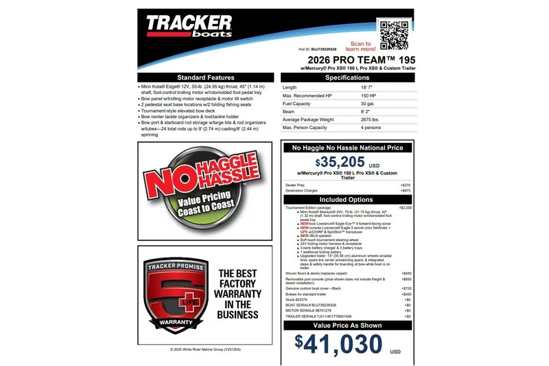 Slide: The Image of 2026 Tracker Pro Team 195 boat specifications and pricing details with no-haggle policy. - 55