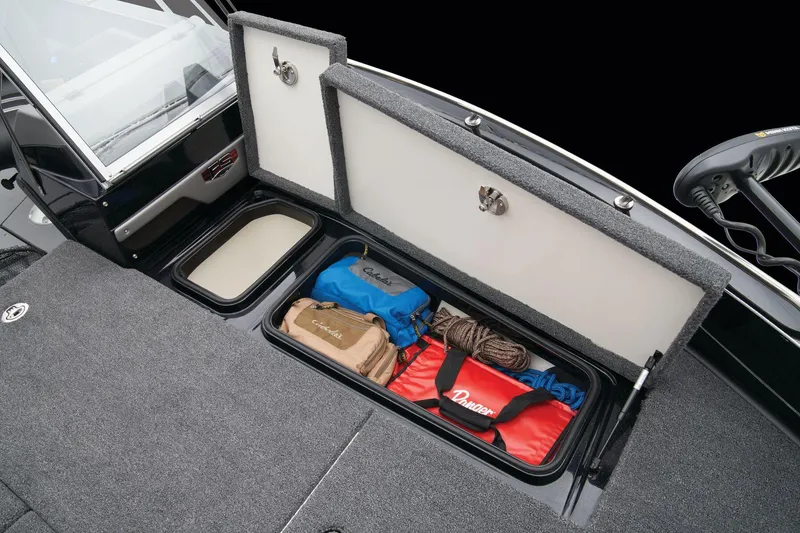 Slide: The Image of 2026 Ranger 620FS Cup Equipped boat deck with Lowrance system, red and black design. - 10