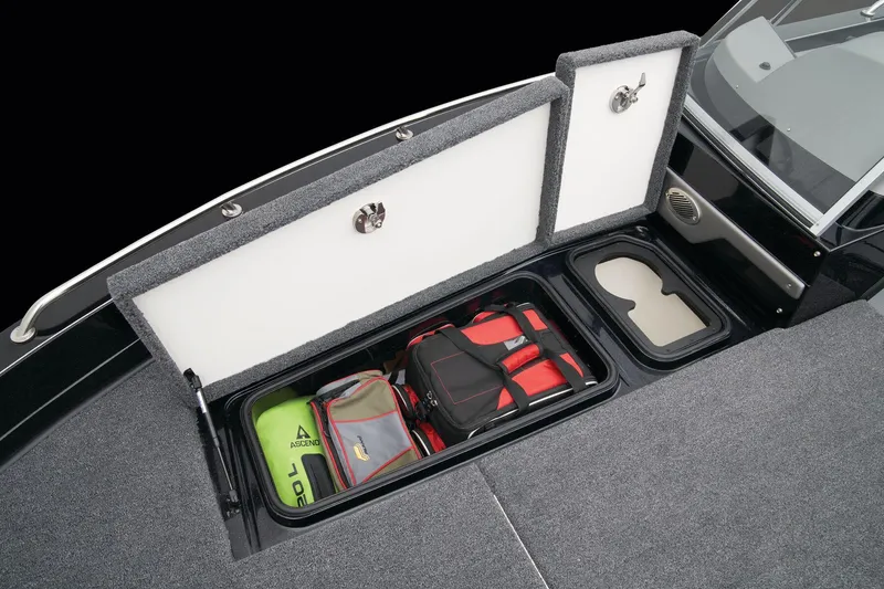 Slide: The Image of 2026 Ranger 620FS Cup Equipped boat interior with red and gray seating. - 9