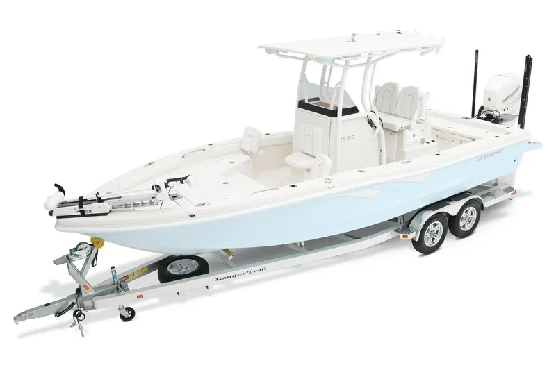 The Image of 2026 Ranger 2660 Bay boat on trailer, parked outdoors, side view. - 0
