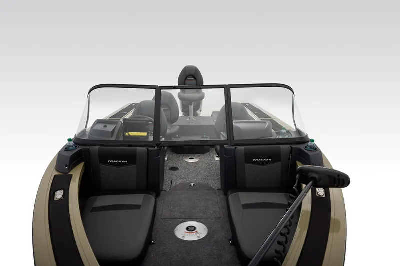 Slide: The Image of 2026 Tracker Targa V-18 Combo boat seat with gray and red design. - 28