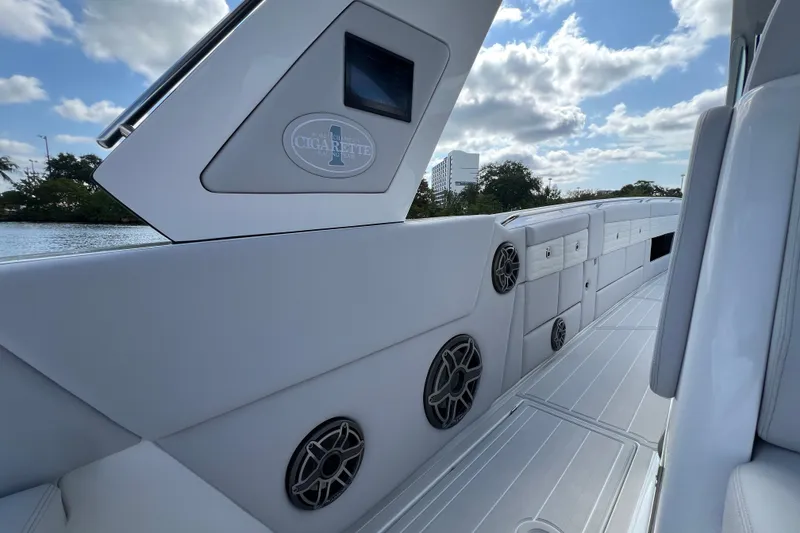 Slide: The Image of 2025 Cigarette 41 Nighthawk boat interior with sleek design and modern features. - 42