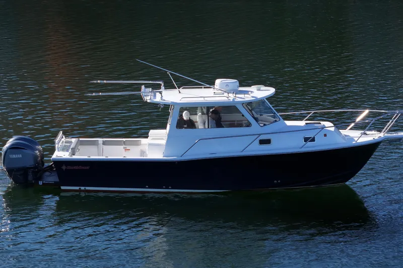 Slide: The Image of 2021 NorthCoast 315 HT boat on calm water, side view. - 32