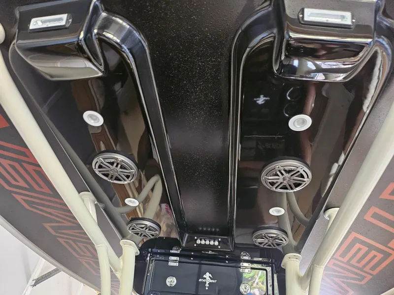 Slide: The Image of Interior view of 2021 Statement 350 Open boat with speakers and lighting fixtures. - 14