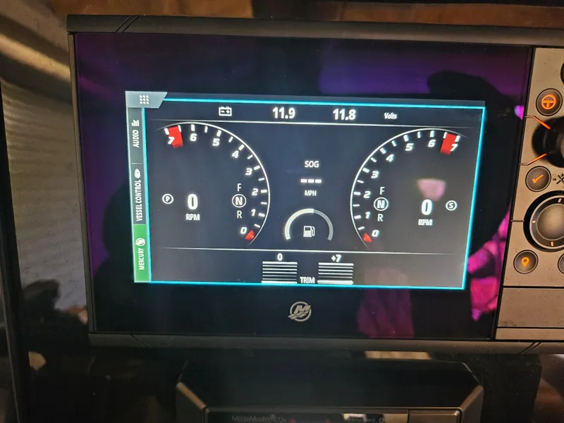Slide: The Image of Digital dashboard display of a 2021 Statement 350 Open boat, showing RPM and battery voltage. - 23