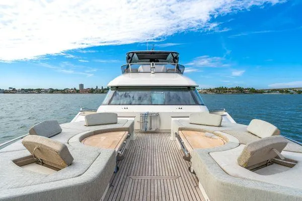 Slide: The Image of 2018 Monte Carlo Yachts MCY 70 on serene water with luxurious deck seating. - 22