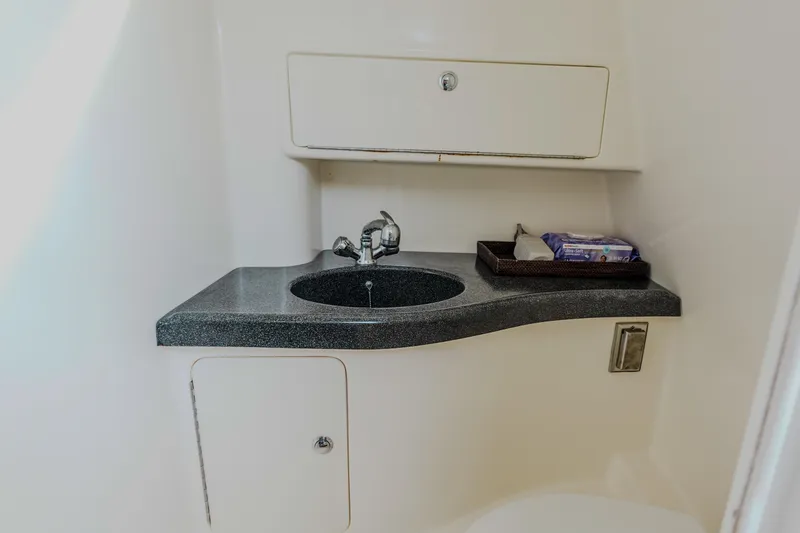 Slide: The Image of 2007 Boston Whaler 305 Conquest bathroom sink with storage and toiletries. - 17
