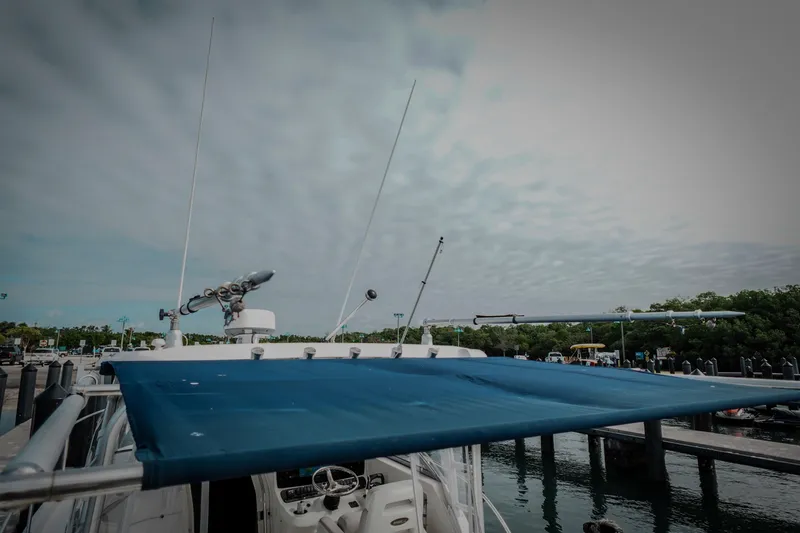 Slide: The Image of 2007 Boston Whaler 305 Conquest boat docked with blue canopy and fishing rods. - 3