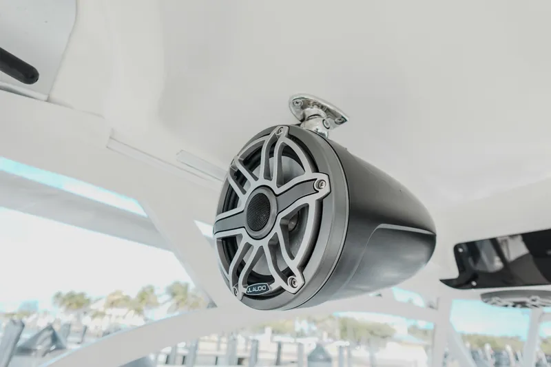 Slide: The Image of Mounted speaker on 2007 Boston Whaler 305 Conquest boat, featuring JL Audio design. - 33