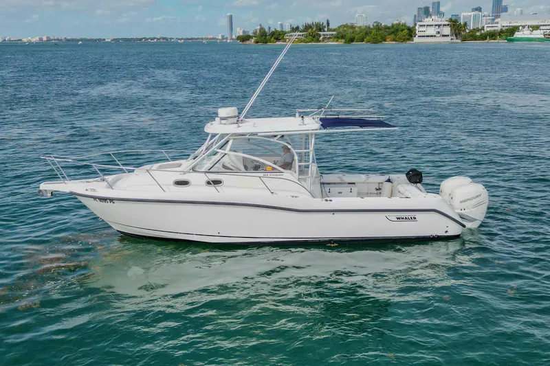 Slide: The Image of 2007 Boston Whaler 305 Conquest boat on calm water with city skyline background. - 4