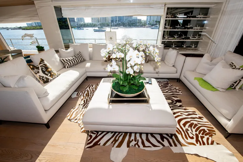Slide: The Image of Luxurious Sanlorenzo SL86 yacht interior with elegant white sofas and zebra-patterned rug, 2016 model. - 14
